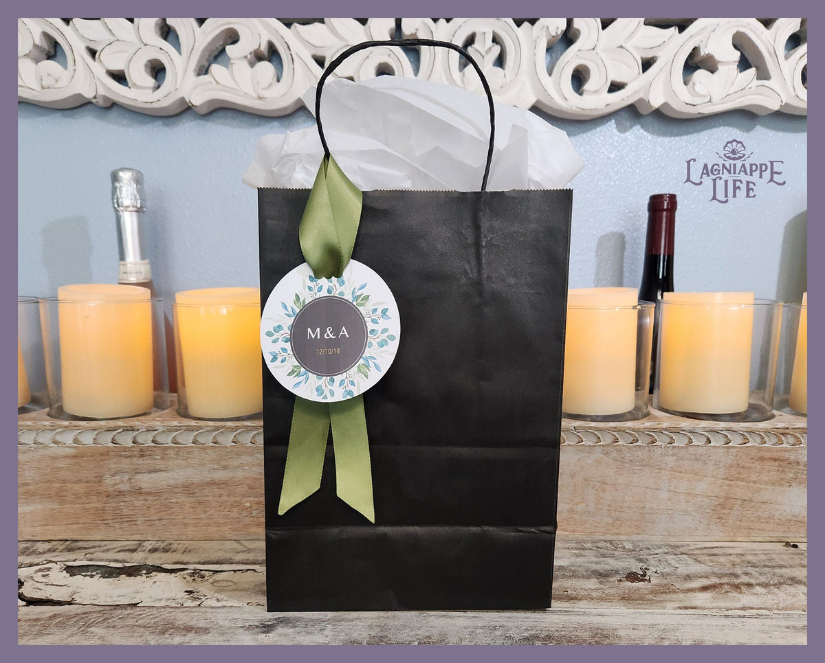 Black Welcome Bag for Wedding/Hotel Guests Favor Bag Personalized with your choice of Bag Color, Ribbon and Artwork