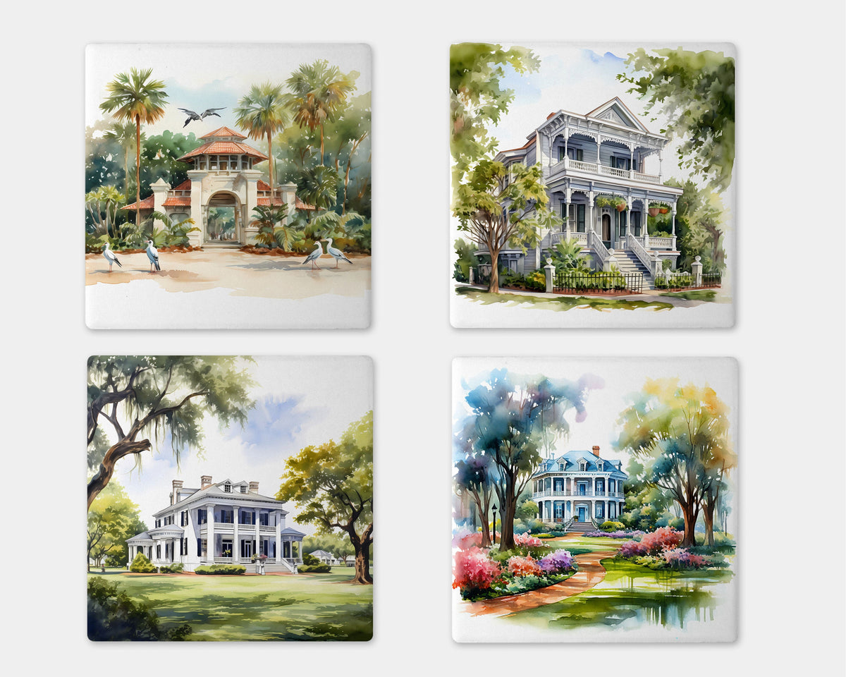 Plantation Homes Coaster Set New Orleans Gift Employee NOLA Coaster Wedding Gift House Gift French Quarter Coasters Plantation Coaster Set