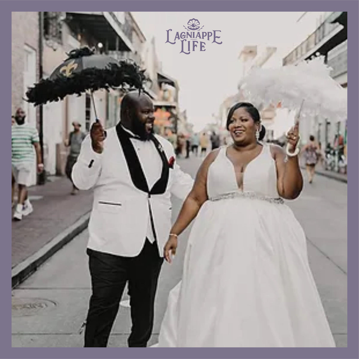 Second Line Umbrellas - Bride &amp; Groom Set of 2 - 19&quot; Umbrellas - FEATHERS - Fleur-De-Lis - Mr/Mrs or Bride/Groom