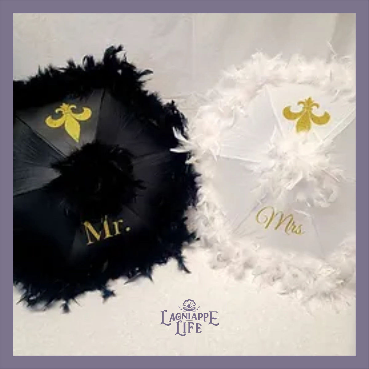 Second Line Umbrellas - Bride &amp; Groom Set of 2 - 19&quot; Umbrellas - FEATHERS - Fleur-De-Lis - Mr/Mrs or Bride/Groom