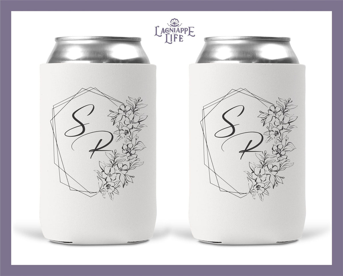 Can Coolers Wedding Crest Monogram White Neoprene Can Coolers Wedding Favor Gifts Personalize Initials Date Custom Can Coolers Personalized