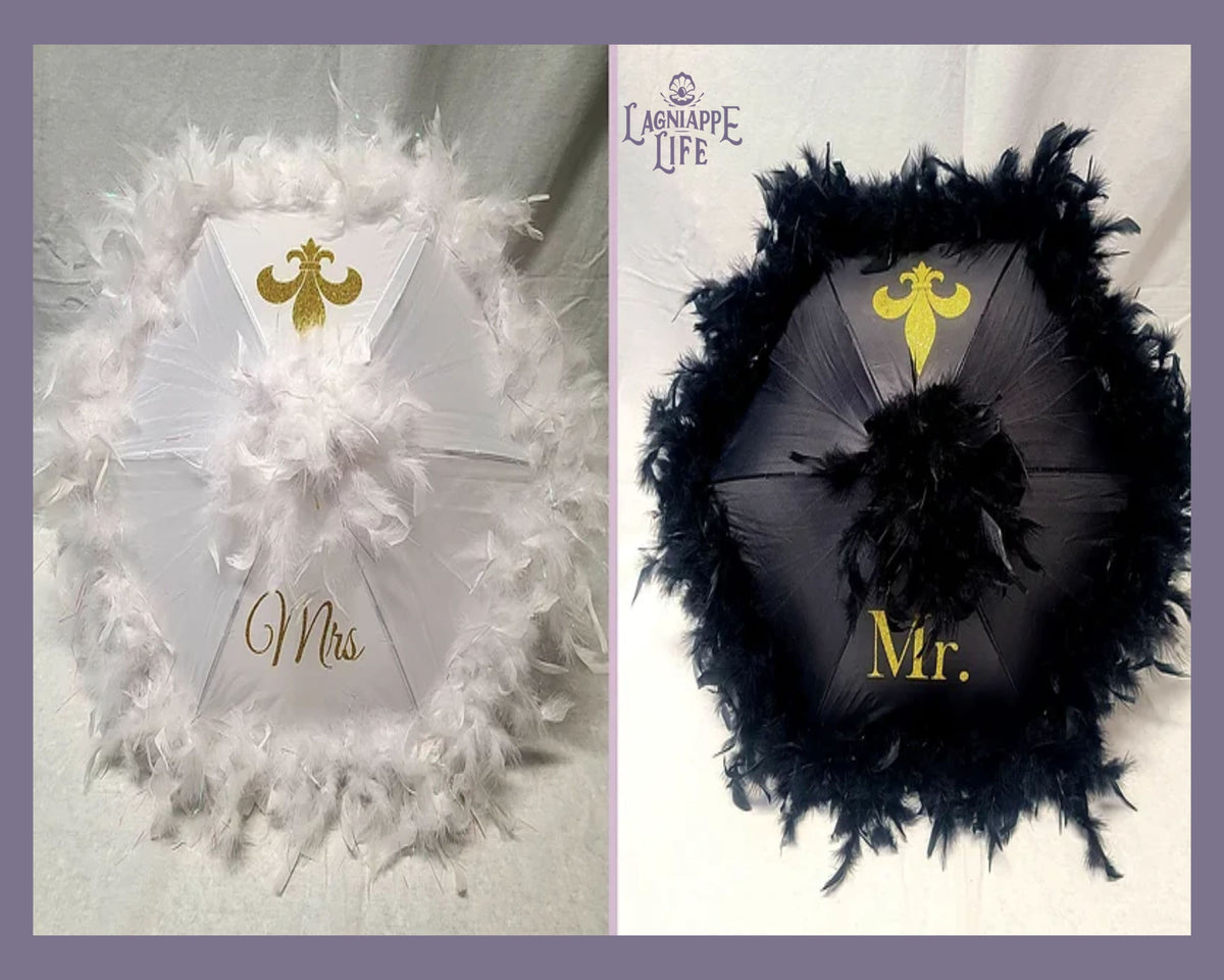 Second Line Umbrellas - Bride &amp; Groom Set of 2 - 19&quot; Umbrellas - FEATHERS - Fleur-De-Lis - Mr/Mrs or Bride/Groom