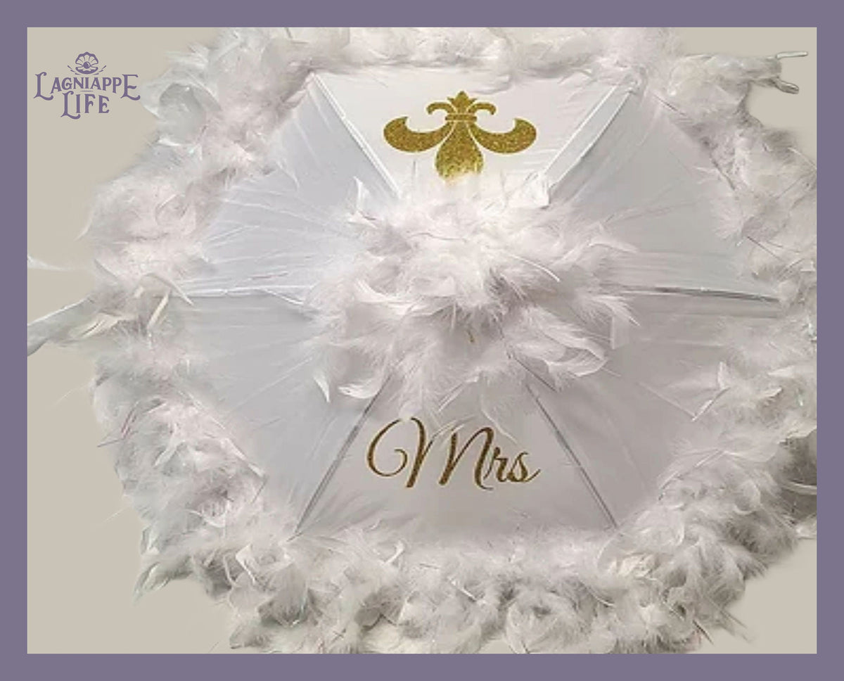 Wedding Second Line Umbrella - Wedding Dance Umbrella - Bride or Groom ONE 19&quot; Umbrella - With Feathers - Umbrella with Fleur-De-Lis