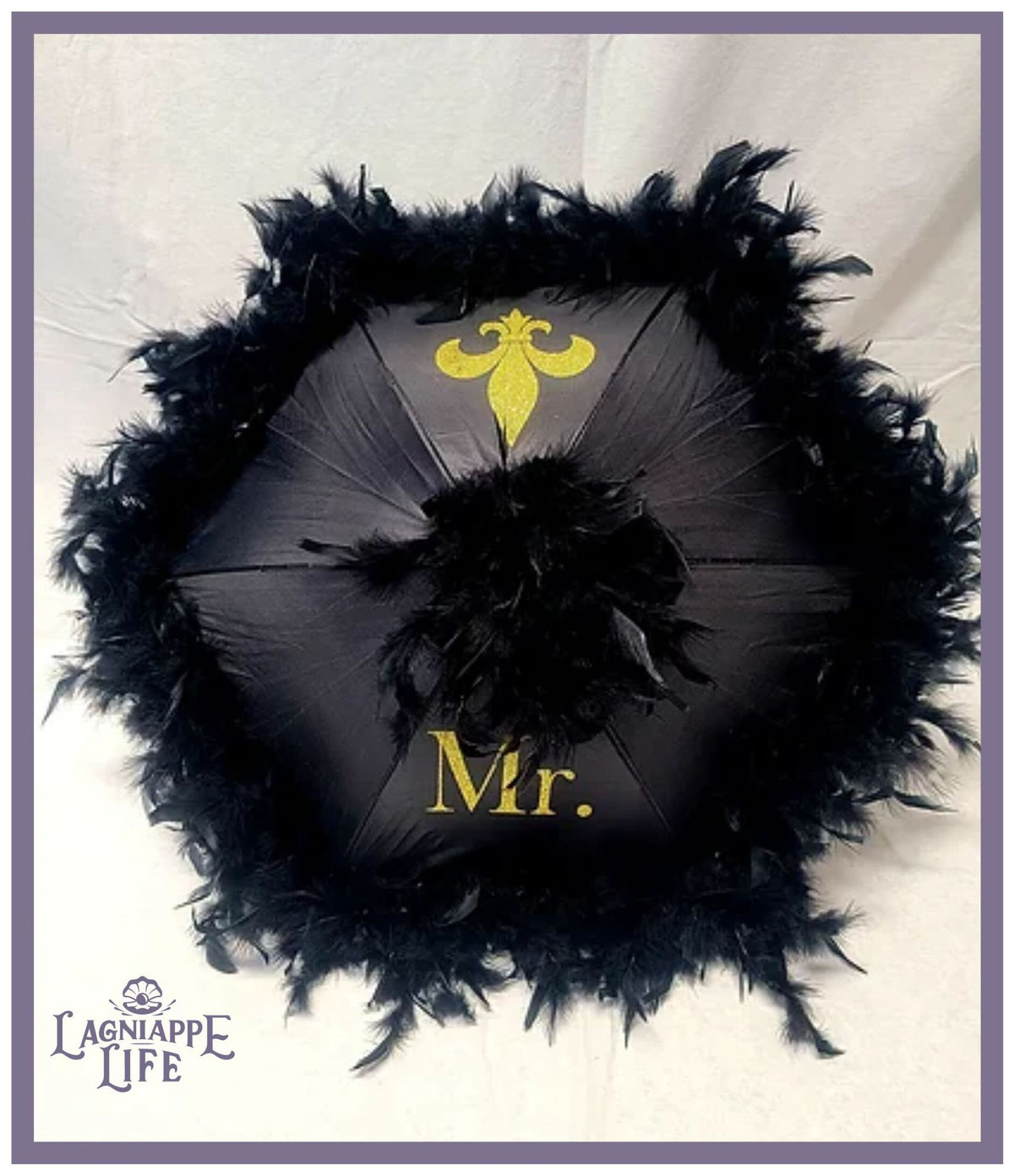 Wedding Second Line Umbrella - Wedding Dance Umbrella - Bride or Groom ONE 19&quot; Umbrella - With Feathers - Umbrella with Fleur-De-Lis