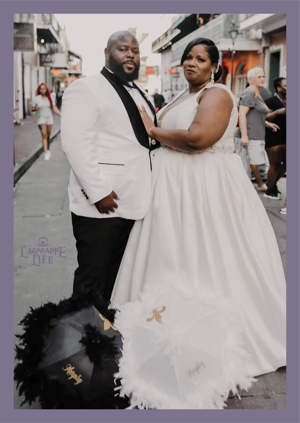 Second Line Umbrellas - Bride &amp; Groom Set of 2 - 19&quot; Umbrellas - FEATHERS - Fleur-De-Lis - Mr/Mrs or Bride/Groom