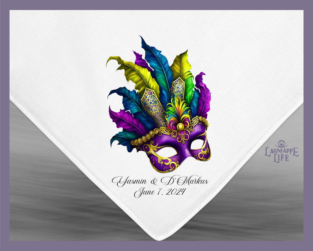 Mardi Gras Mask Second Line Handkerchief Personalize Handkerchiefs Wedding Favors Custom Made for Weddings Events Party Celebration