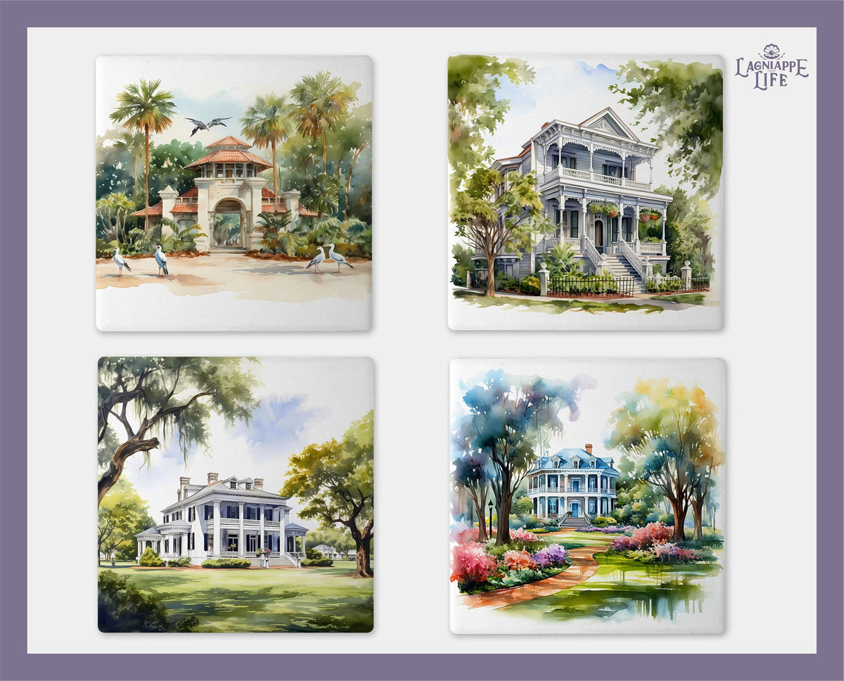 Plantation Homes Coaster Set New Orleans Gift Employee NOLA Coaster Wedding Gift House Gift French Quarter Coasters Plantation Coaster Set